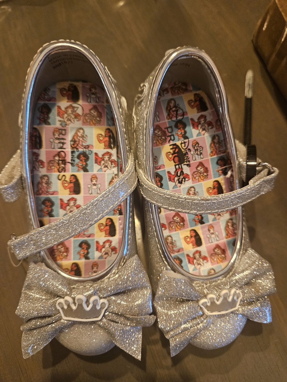 Girls Disney Glitter Dress Shoes with Crown Accent - Silver